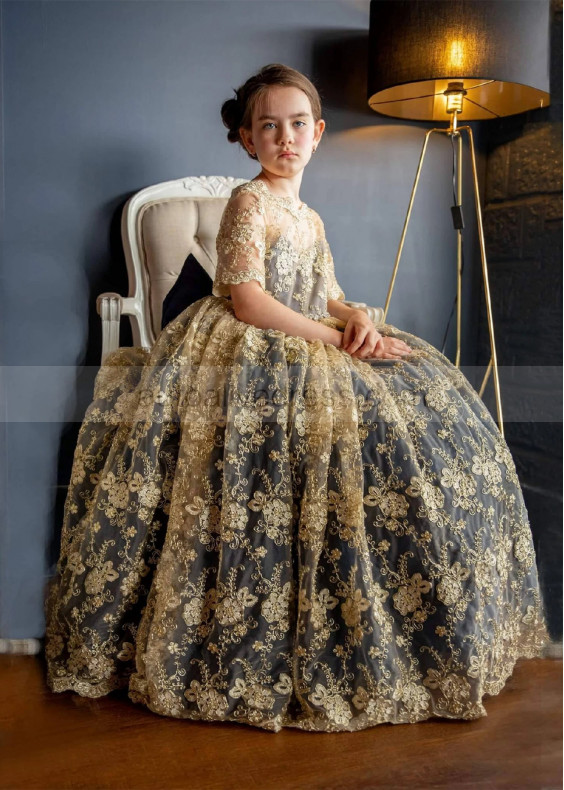 Elbow Sleeves Gold Lace V Corset Back Flower Girl Dress